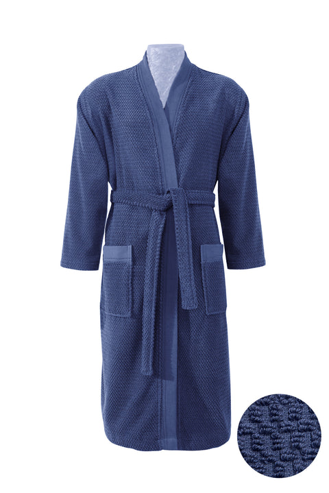 Navy Blue Kimono Collar Navy Blue Jacquard Cotton Bathrobe