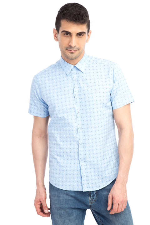 Açık Mavi Kısa Kol Baskılı Slim Fit Dar Kesim Gömlek