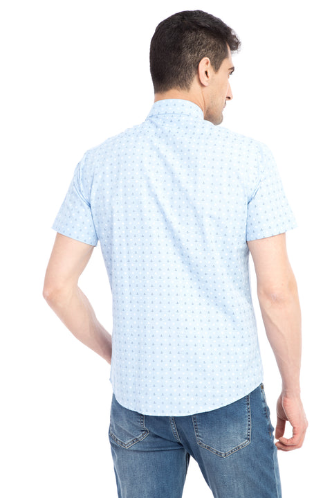 Açık Mavi Kısa Kol Baskılı Slim Fit Dar Kesim Gömlek
