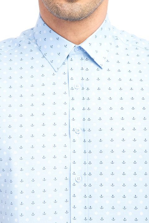 Açık Mavi Kısa Kol Baskılı Slim Fit Dar Kesim Gömlek