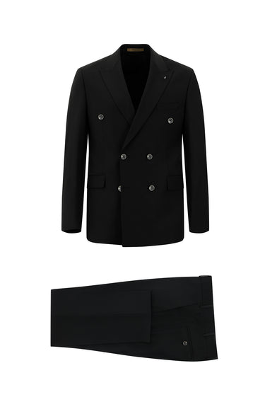  Siyah Slim Fit Dar Kesim Yünlü Kruvaze Takım Elbise