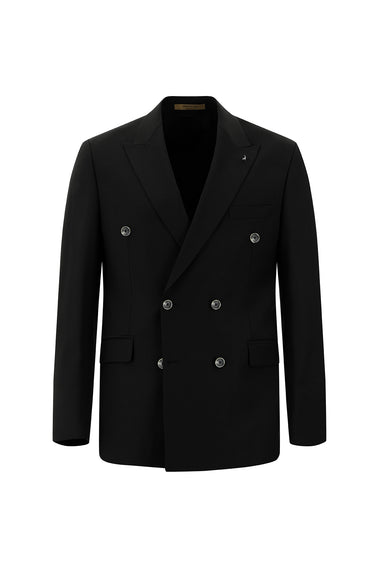  Siyah Slim Fit Dar Kesim Yünlü Kruvaze Takım Elbise