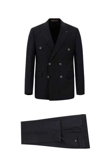  Siyah Lacivert Slim Fit Dar Kesim Yünlü Kruvaze Takım Elbise