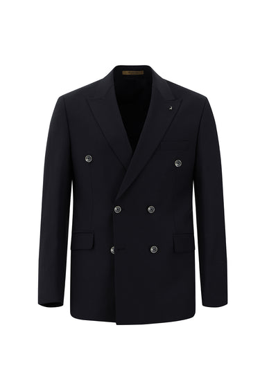  Siyah Lacivert Slim Fit Dar Kesim Yünlü Kruvaze Takım Elbise