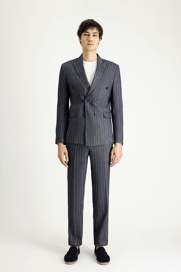  Koyu Lacivert Slim Fit Dar Kesim Çizgili Keten Karışımlı Kruvaze Takım Elbise