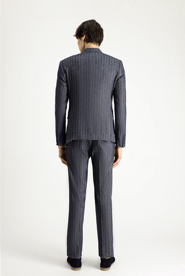  Koyu Lacivert Slim Fit Dar Kesim Çizgili Keten Karışımlı Kruvaze Takım Elbise