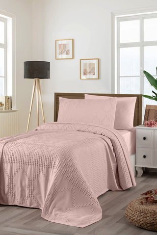  Pudra Pembe Tek Kişilik Pamuk Yatak Örtüsü Seti / Mevsimlik Pike Seti - 1 Adet Yaslık Kılıflı (160*220 cm)