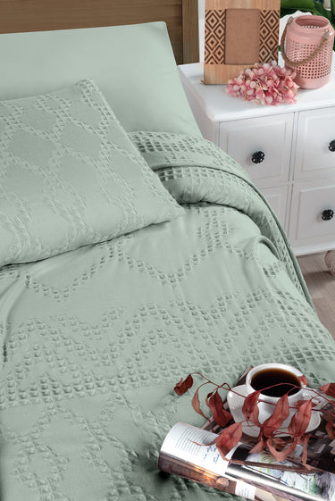 Mint Yeşili Tek Kişilik Pamuk Yatak Örtüsü Seti / Mevsimlik Pike Seti - 1 Adet Yaslık Kılıflı (160*220 cm)
