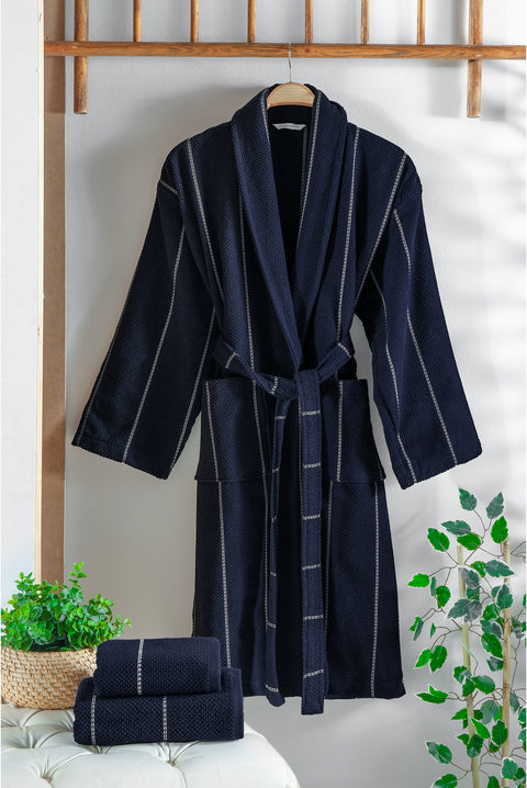 Koyu Lacivert Saviha Bordür Jakar Pamuk Bornoz