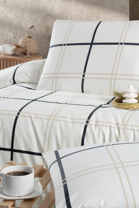 Ekru Çift Kişilik Asteria Ekose Pamuk Nevresim Takımı