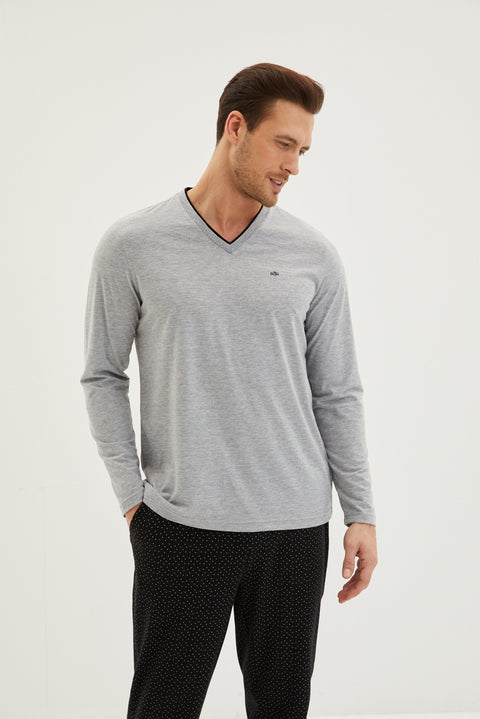 Açık Gri Melanj Çift V Yaka Jakar Lastikli Desenli 2'li Pamuklu Pijama Takımı