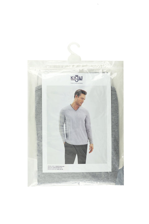 Açık Gri Melanj Çift V Yaka Jakar Lastikli Desenli 2'li Pamuklu Pijama Takımı