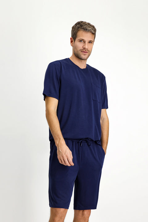 Koyu Lacivert Kısa Kol Bisiklet Yaka 2'li Şortlu Pijama Takımı