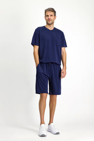  Koyu Lacivert Kısa Kol Bisiklet Yaka 2'li Şortlu Pijama Takımı