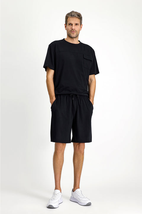 Siyah Kısa Kol Bisiklet Yaka 3'lü Şortlu Pijama Seti