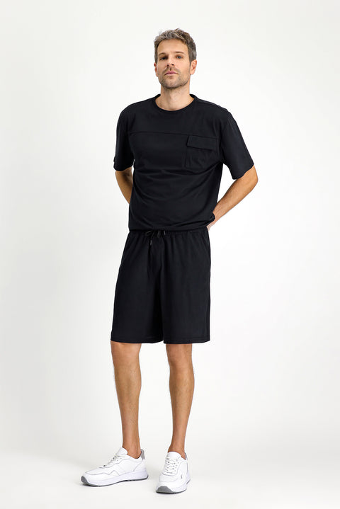 Siyah Kısa Kol Bisiklet Yaka 3'lü Şortlu Pijama Seti