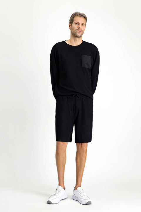 Siyah Uzun Kol Bisiklet Yaka 3'lü Şortlu Pijama Seti