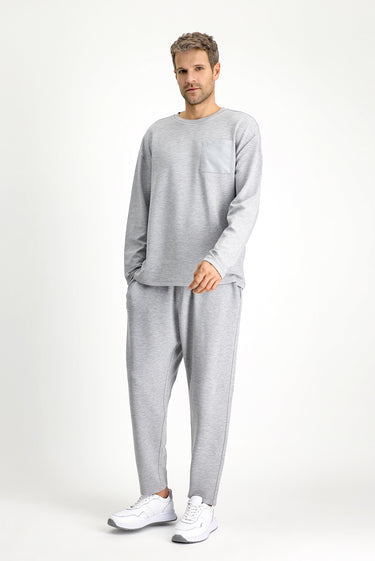  Orta Gri Melanj Uzun Kol Bisiklet Yaka 3'lü Şortlu Pijama Seti