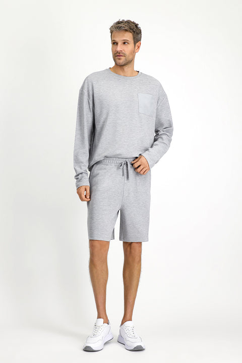 Orta Gri Melanj Uzun Kol Bisiklet Yaka 3'lü Şortlu Pijama Seti