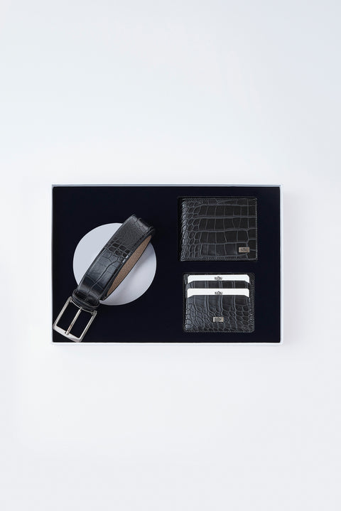 Black 3-Piece Crocodile Pattern Belt, Wallet & Card Holder Set
