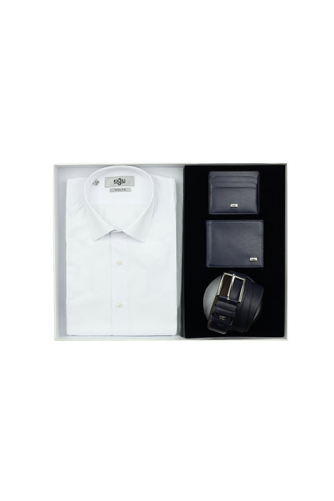 Beyaz 4'lü Kemer & Cüzdan & Kartlık & Gömlek Seti