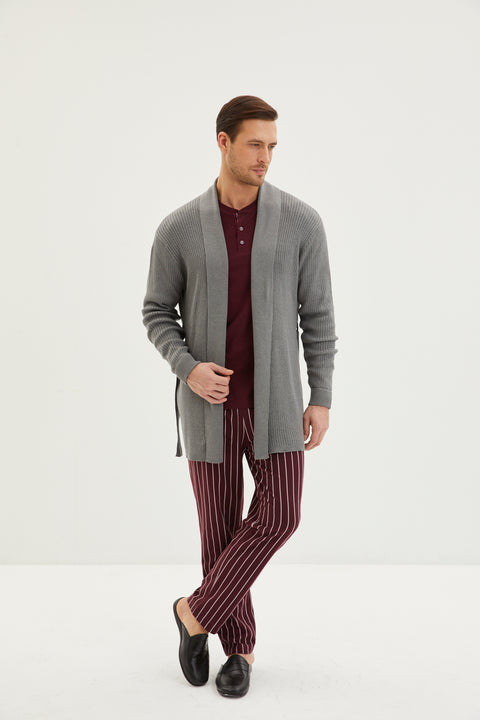 Plum 3-Piece Striped Pajama Set with Knitted Robe