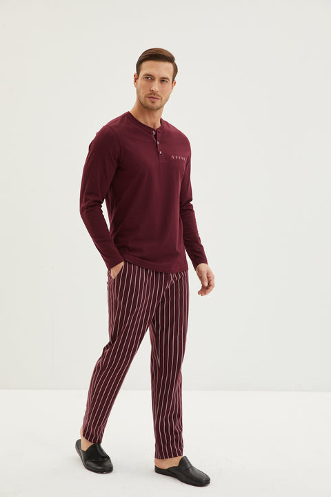 Plum 3-Piece Striped Pajama Set with Knitted Robe