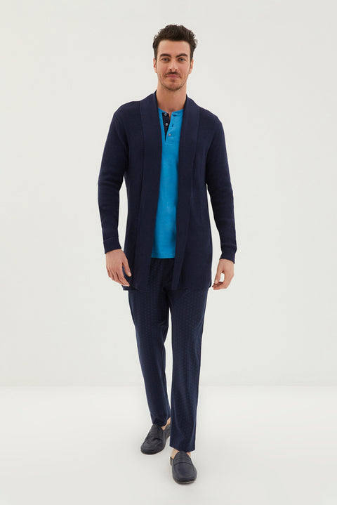 Orta Turkuaz 3'lü Triko Roblu Patlı Uzun Kollu Desenli Pamuk Pijama Takımı