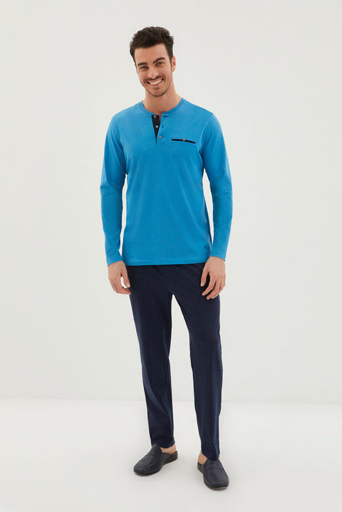 Orta Turkuaz 3'lü Triko Roblu Patlı Uzun Kollu Desenli Pamuk Pijama Takımı