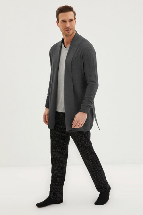 Açık Gri Melanj 3'lü Triko Roblu Jakar Lastikli Desenli Pamuklu Pijama Takımı