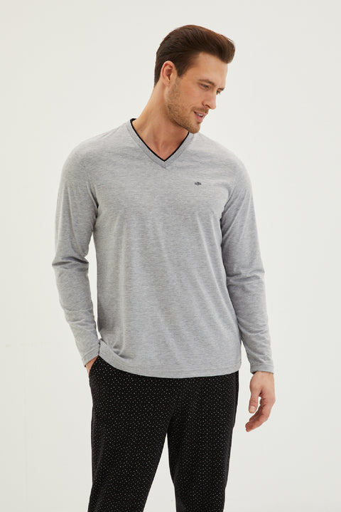 Açık Gri Melanj 3'lü Triko Roblu Jakar Lastikli Desenli Pamuklu Pijama Takımı