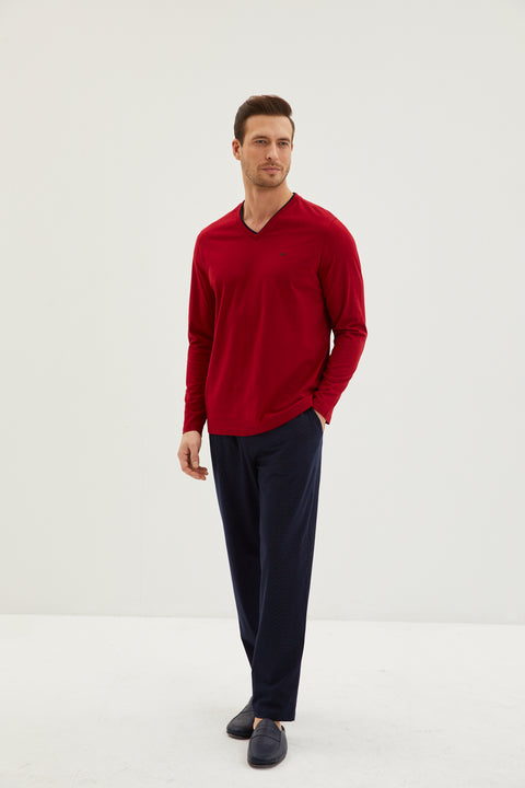 Dark Burgundy 3-Piece Knitted Robe Jacquard Elasticated Patterned Cotton Pajama Set