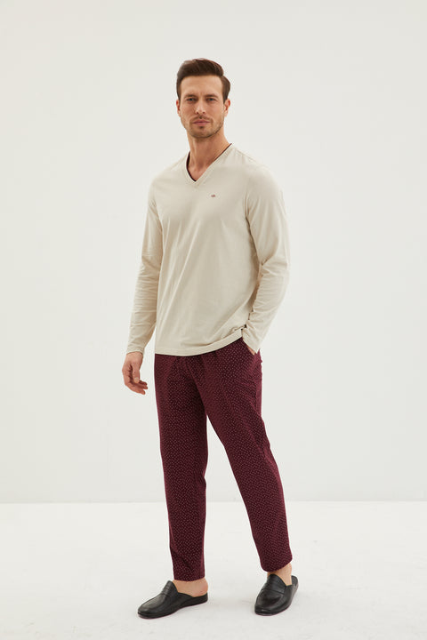 Orta Bej 3'lü Triko Roblu Jakar Lastikli Desenli Pamuk Pijama Takımı