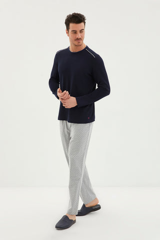  Koyu Lacivert Bisiklet Yaka 3'lü Triko Roblu Waffle Desenli Pamuk Pijama Takımı