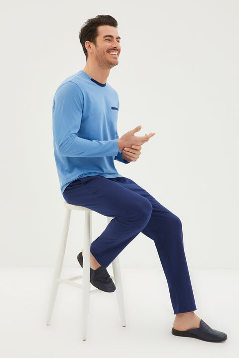 Mavi 3'lü Triko Roblu Yarım Bisiklet Yaka Pamuk Pijama Takımı