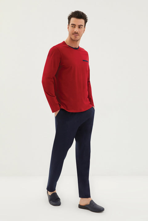 Koyu Bordo 3'lü Triko Roblu Yarım Bisiklet Yaka Pamuk Pijama Takımı