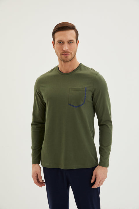 Orta Haki 3'lü Triko Roblu Kontrast Yaka Pamuk Pijama Takımı