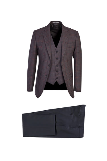  Acı Kahve Slim Fit Dar Kesim Ekose Takım Elbise