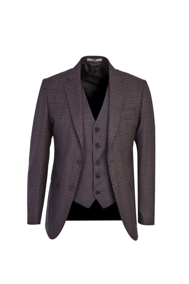  Acı Kahve Slim Fit Dar Kesim Ekose Takım Elbise