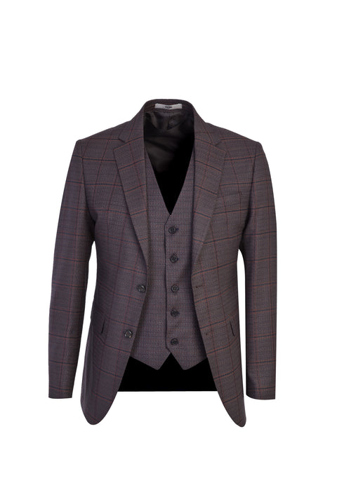 Acı Kahve 7 Drop Slim Fit Dar Kesim Ekose Takım Elbise