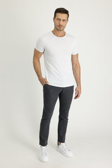Koyu Antrasit Slim Fit Dar Kesim Yünlü Beli Lastikli İpli Çizgili Kumaş Pantolon