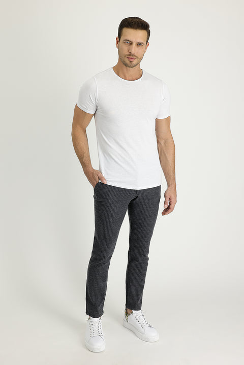 Koyu Antrasit 7 Drop Slim Fit Dar Kesim Yünlü Beli Lastikli İpli Çizgili Kumaş Pantolon