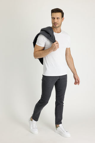  Koyu Antrasit 7 Drop Slim Fit Dar Kesim Yünlü Beli Lastikli İpli Çizgili Kumaş Pantolon