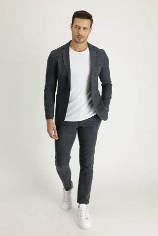  Koyu Antrasit 7 Drop Slim Fit Dar Kesim Yünlü Beli Lastikli İpli Çizgili Kumaş Pantolon