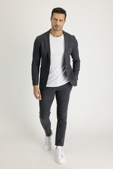 Koyu Antrasit Slim Fit Dar Kesim Yünlü Beli Lastikli İpli Çizgili Kumaş Pantolon