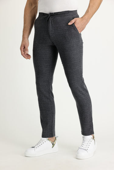 Koyu Antrasit Slim Fit Dar Kesim Yünlü Beli Lastikli İpli Çizgili Kumaş Pantolon