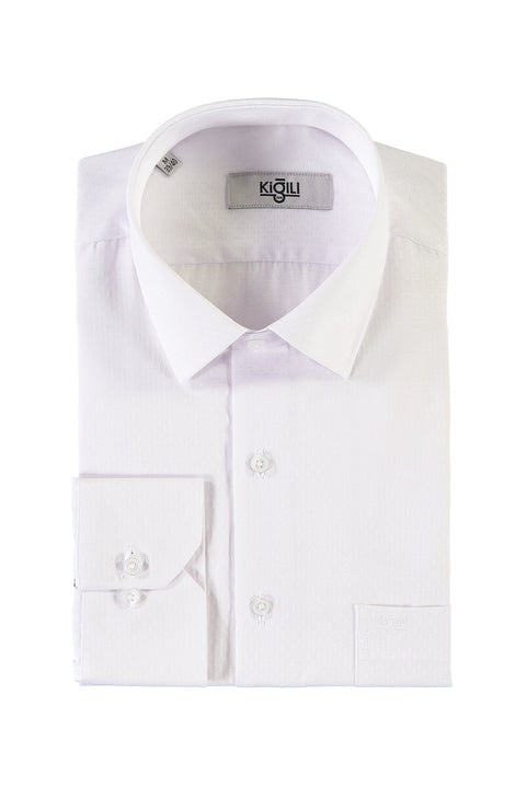 Beyaz Uzun Kol Desenli Klasik Gömlek