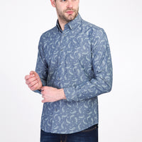 Açık Lacivert Uzun Kol Desenli Slim Fit Dar Kesim Pamuk Gömlek