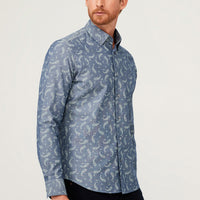Orta Lacivert Uzun Kol Slim Fit Dar Kesim Desenli Pamuk Gömlek