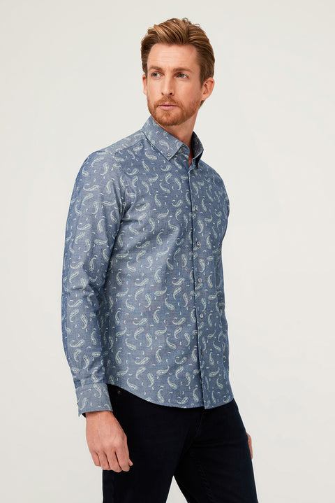 Orta Lacivert Uzun Kol Slim Fit Dar Kesim Desenli Pamuk Gömlek